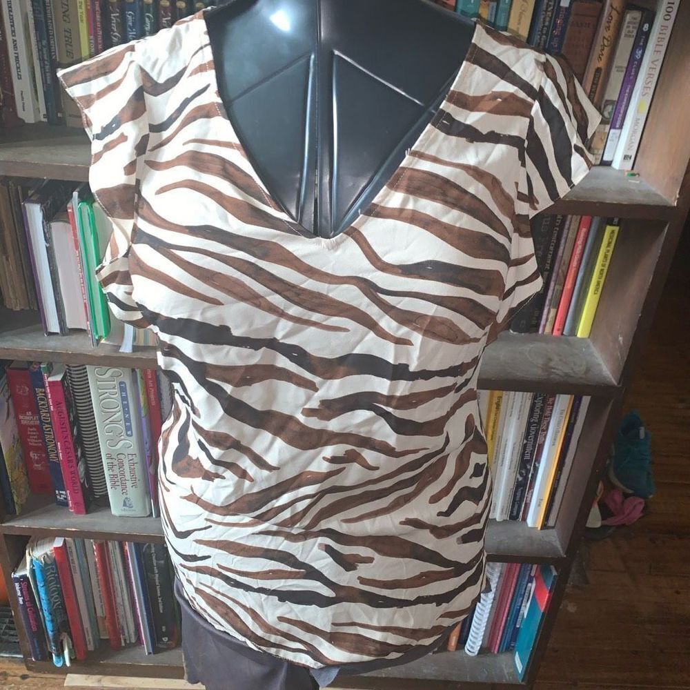 CAbi S Simone brown zebra ruffle sleeve feminine blouse
